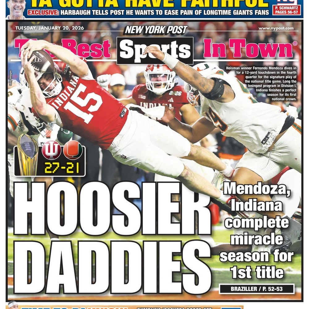 IU Indiana Hoosier Daddies Mendoza Football Champs 2025 2026 NY Post Newspaper